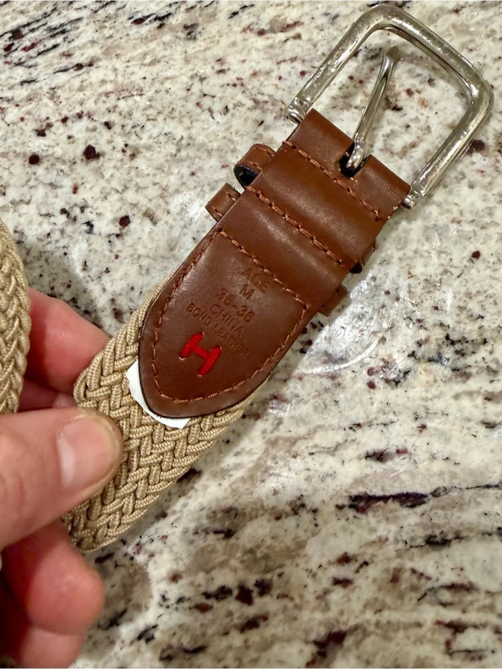 Vtg Y2K Tommy Hilfiger Mens 36-38 Braided Stretch Belt Khaki Brown Leather Logo
